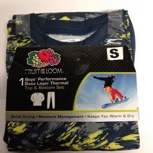 Boys Fruit of the Loom Thermal Set, sz 6/7, Navy pant, Navy,yellow print top,NEW